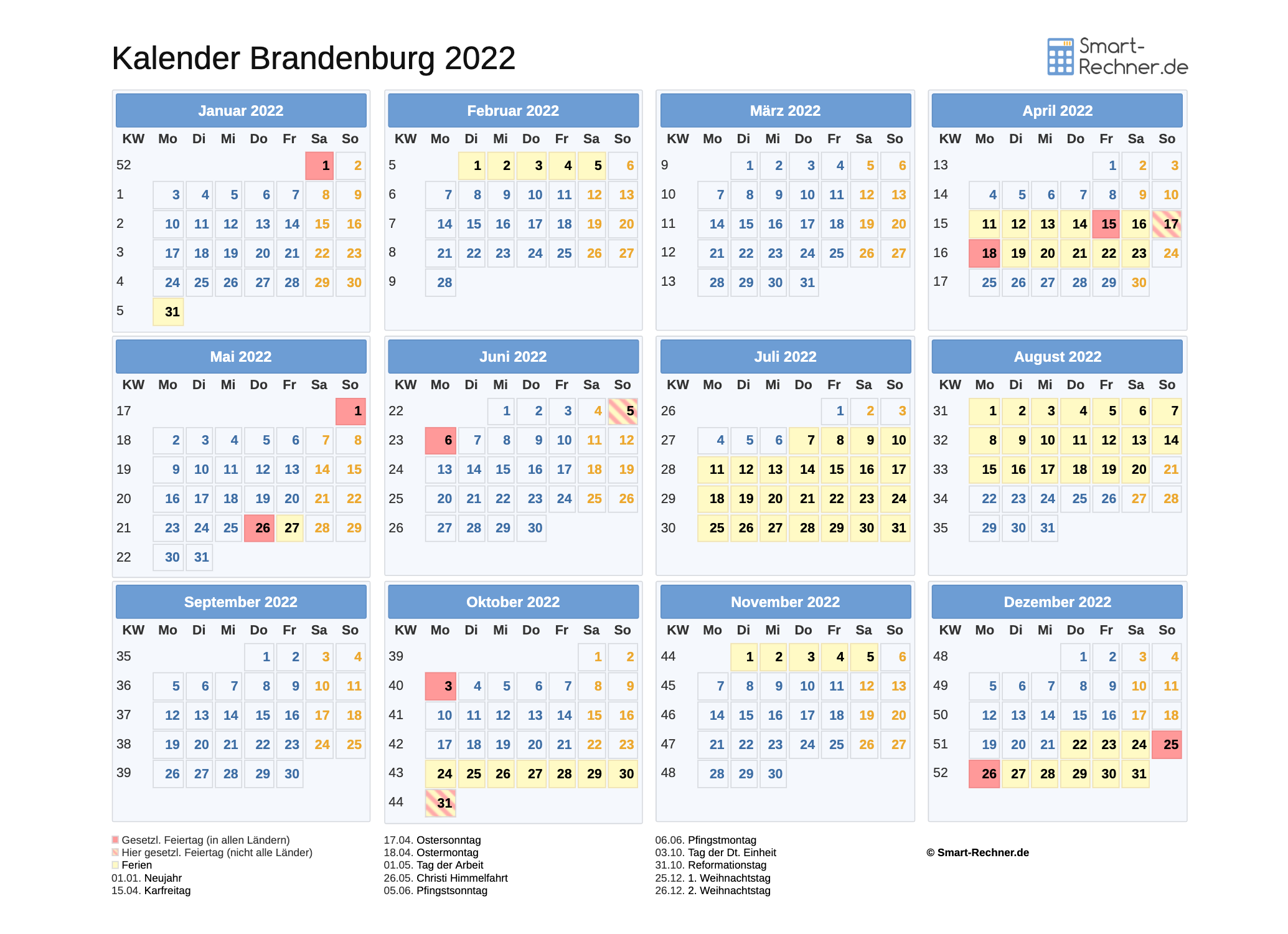 Kalender 2022 für Brandenburg mit Ferien und Feiertagen