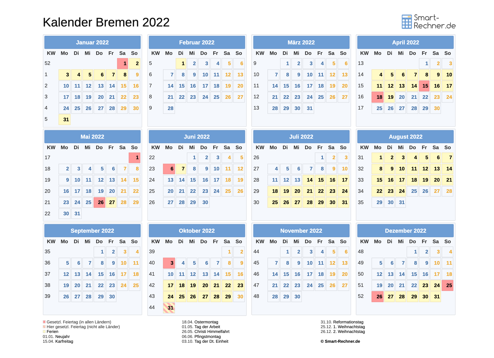Feiertage 2022 Bremen