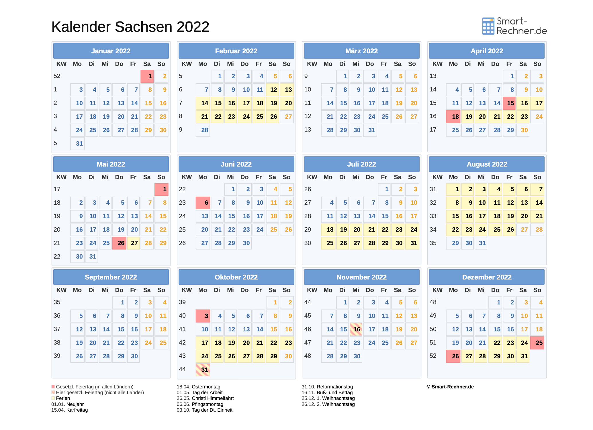 Kalender 2022 Sachsen + Ferien und Feiertage