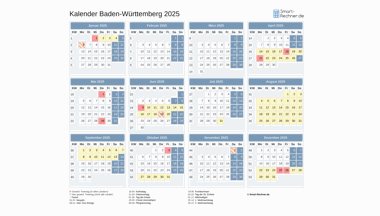 Kalender 2024 für Baden-Württemberg mit Ferien